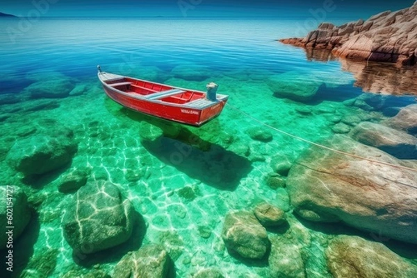 Fototapeta Small boat in clear sea with rocks and clear blue sky, generative ai