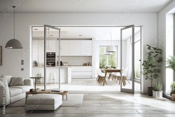 Fototapeta White interior design, architect designer concept, blurred background, white folding door opening on contemporary living room with sliding door and dining table. Generative AI