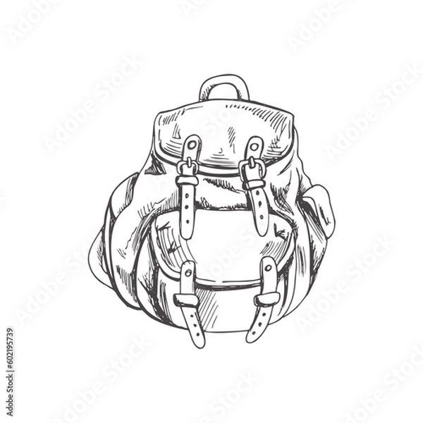 Obraz Hand drawn  sketch of camping backpack. Vintage vector illustration isolated on white background. Doodle drawing.