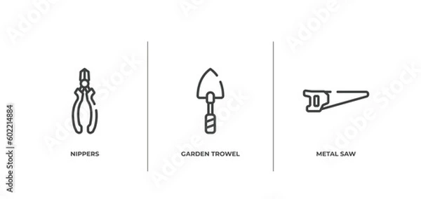 Fototapeta carpentry diy tools outline icons set. thin line icons sheet included nippers, garden trowel, metal saw vector.