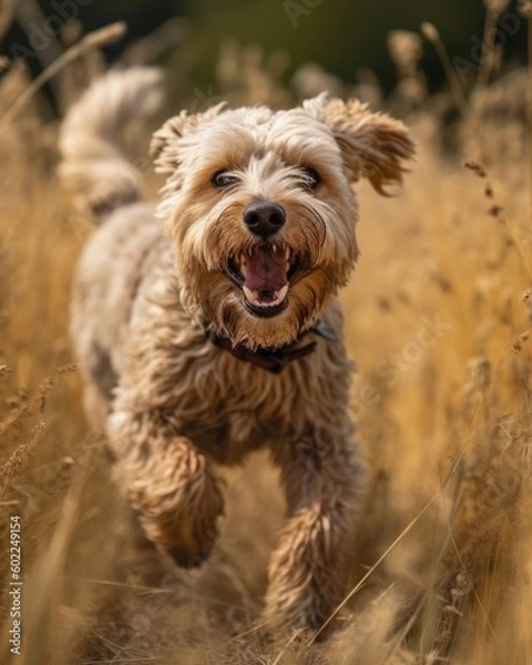 Obraz A cute and playful pet happily runs in a meadow in a close-up shot. (Generative AI)