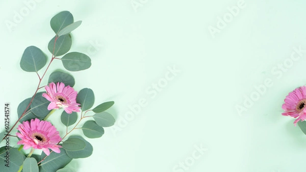 Fototapeta wedding or mothers day backgroundgreen eucaliptus leaves over mint green background