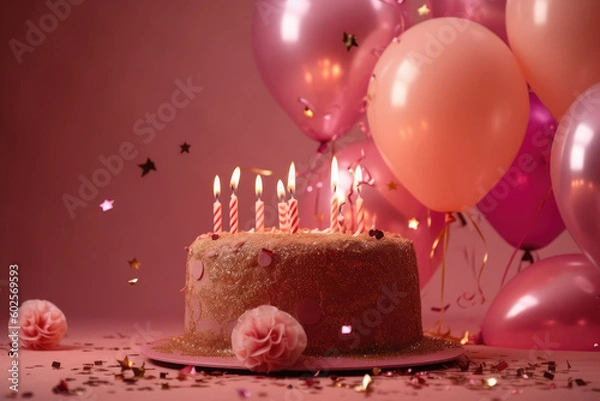 Fototapeta Birthday cake with candles and balloons on pink background. Generative AI