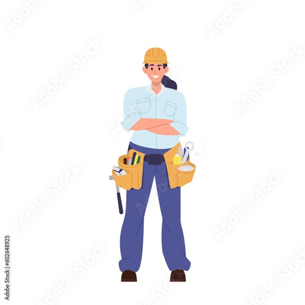 Fototapeta Confident smiling woman repair technician worker flat cartoon character portrait isolated on white