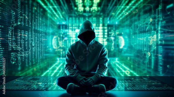 Fototapeta Anonymous hacker, surrounded by a network of glowing data. Cybersecurity, Cybercrime, Cyberattack. Generative AI