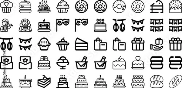 Obraz Set Of Cake Icons Collection Isolated Silhouette Solid Icons Including Food, Party, Celebration, Dessert, Cake, Birthday, Sweet Infographic Elements Logo Vector Illustration