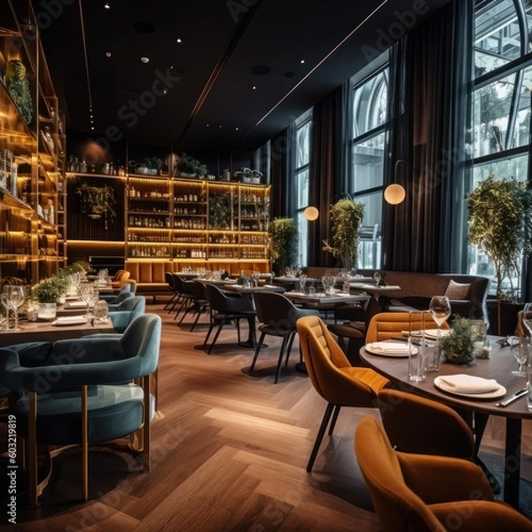 Fototapeta Modern and spacious restaurant with a stylish and modern interior design. Generative AI