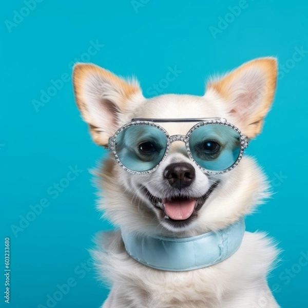 Fototapeta Cute dog in sunglasses with blue background. Generative AI