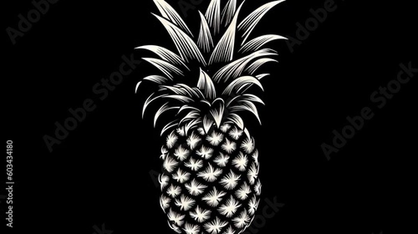 Fototapeta  a black and white picture of a pineapple on a black background with a white outline of a flower in the center of the image.  generative ai