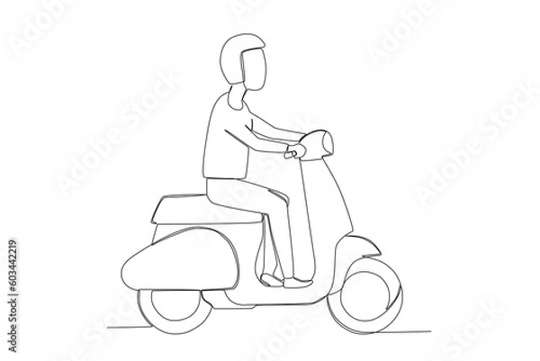 Fototapeta A man rides a motorcycle casually. Dia do motorista one-line drawing