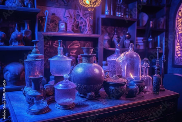 Fototapeta Mysterious ancient laboratory interior with collection of magic, unusual and exotic oil lamps, ai tools generated image