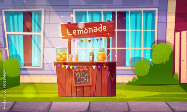 Fototapeta Lemonade stand, stall for sale lemon juice. Summer landscape of garden or backyard with market shop with fruits, glass jar with drink, straws and wooden signboard, vector cartoon illustration