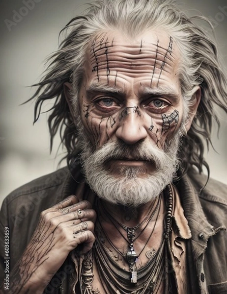 Fototapeta Stunning gifted homeless elderly man, haunted, dirty skin,old scarce tattered outfit. futuristic background. grandpa, grandfather, old, older. generative ai