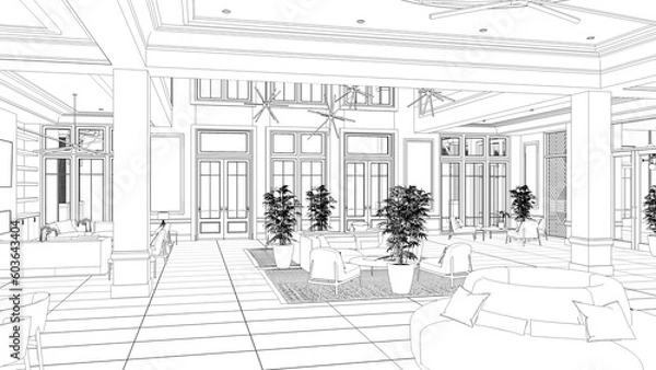 Fototapeta large and spacious interior of the lobby in the hotel, sketch, outline illustration, cg render