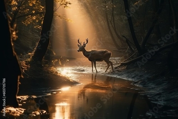 Fototapeta Graceful wildlife, majestic deer walking through sun-kissed forest with serene river, generative ai beautiful art