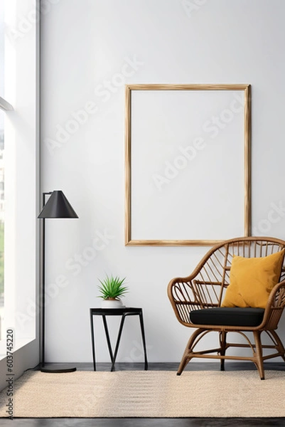 Fototapeta bright and sunny living room with wicker chair, empty framed template of artwork, blank mockup, generative ai