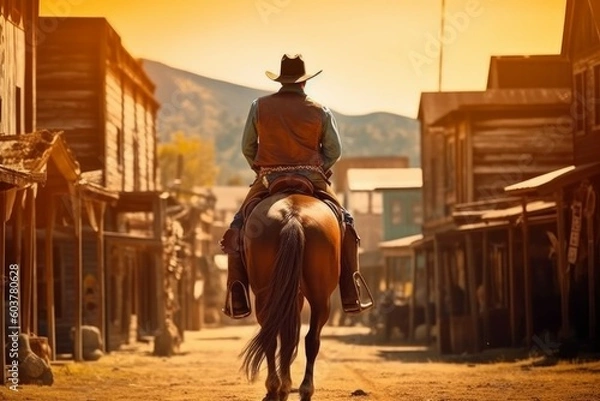 Fototapeta Cowboy on horse wild west. Generate Ai