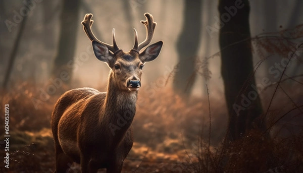 Fototapeta Horned stag stands in tranquil autumn forest generated by AI