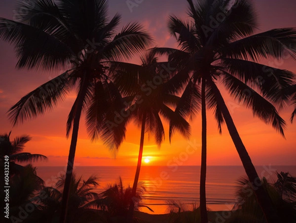 Fototapeta Orange Skies and Palm Trees: Capturing the Beauty of a Tropical Sunset (Generative AI)