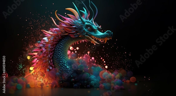 Fototapeta Dragon Chinese New Year, fireworks, generative ai