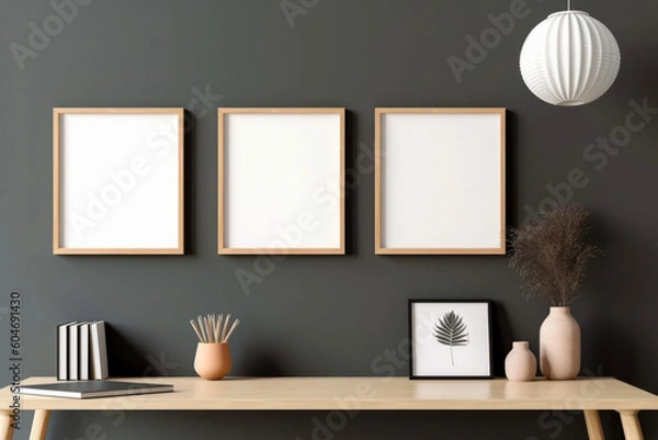 Fototapeta Blank wooden vertical picture frame mockup on a pastel colored wall with vase, light some plants and interior, ai-generatet.