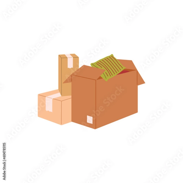 Fototapeta House or office moving with boxes packed with stuff, flat vector isolated.