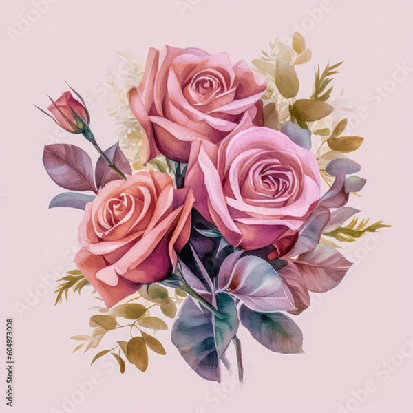 Obraz Wedding Composition of Flowers and Greenery in Bouquet Shape - Watercolor Illustration AI generated
