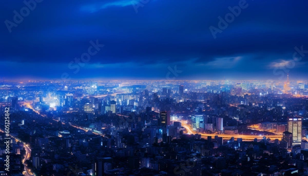 Fototapeta Tokyo's nocturnal charm, a captivating sight, Where lights dance and dreams take flight. In the canvas of the sky, a heavenly hue, A photo that captures Tokyo's vibrant view.