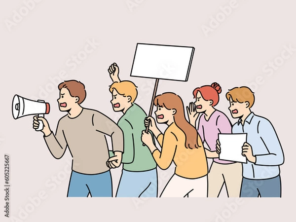 Fototapeta Furious people with megaphone and placards on street protest. Mad activists or volunteers protest and scream on demonstration. Vector illustration. 