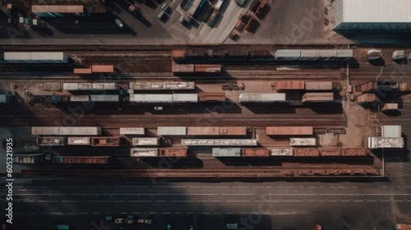 Fototapeta Aerial view of tightly packed shipping containers in a well-organized storage facility. Optimized logistics and efficient distribution. AI-generated.