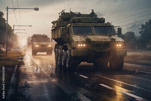 Fototapeta Animated military vehicles on a road with sketch illustration for kids. Generative AI