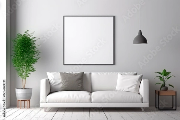 Obraz Blank square poster frame mockup in minimalist style living room.AI generated.