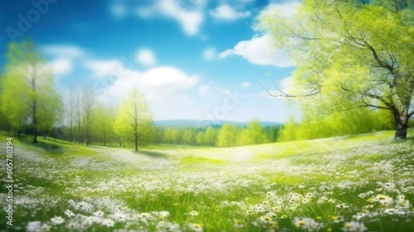 Fototapeta Beautiful blurred spring background nature with blooming glade, trees and blue sky on a sunny day