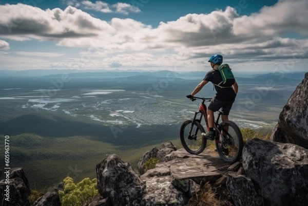 Fototapeta enthusiast mountain biking over rocky terrain with view of the valley below, created with generative ai