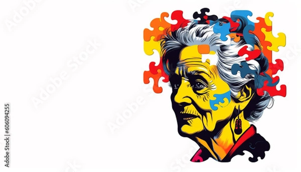 Fototapeta Puzzle with drawn human head on color background. Concept of dementia,  Created using generative AI tools.