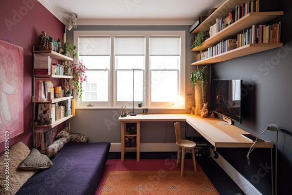 Fototapeta A living room with a couch and a desk. Generative AI. Small DIY improvised home office area.