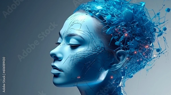 Fototapeta Concept of artificial intelligence. Human face in blue colors. Generative AI illustrator