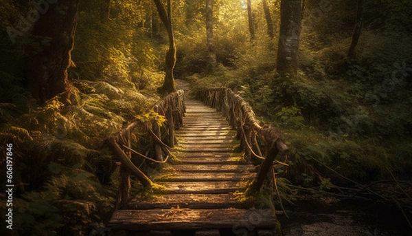 Fototapeta Tranquil footpath through lush tropical rainforest wilderness generated by AI