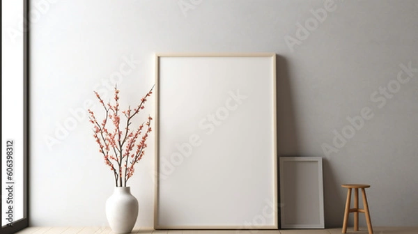 Fototapeta Modern Interior Design with Blank Mockup Frame Poster, 3D Render, 3D Illustration