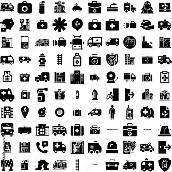 Fototapeta Collection Of 100 Emergency Icons Set Isolated Solid Silhouette Icons Including Urgency, Emergency, Icon, Illustration, Security, Ambulance, Safety Infographic Elements Vector Illustration Logo