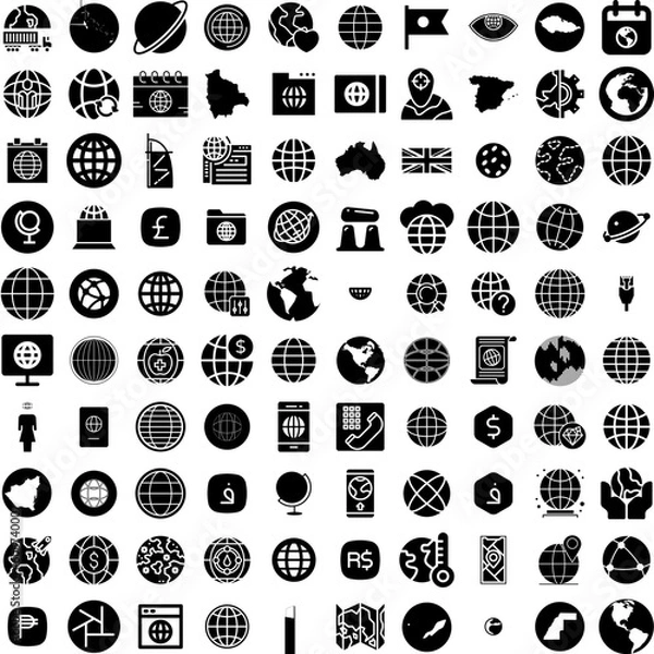 Fototapeta Collection Of 100 World Icons Set Isolated Solid Silhouette Icons Including Vector, World, Planet, Map, Abstract, Illustration, Background Infographic Elements Vector Illustration Logo