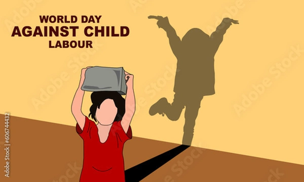 Fototapeta a girl in a red dress is working lifting a rock on the head with a shadow silhouette of a happy girl commemorating the World Day Against Child Labour/Labor on June 12
