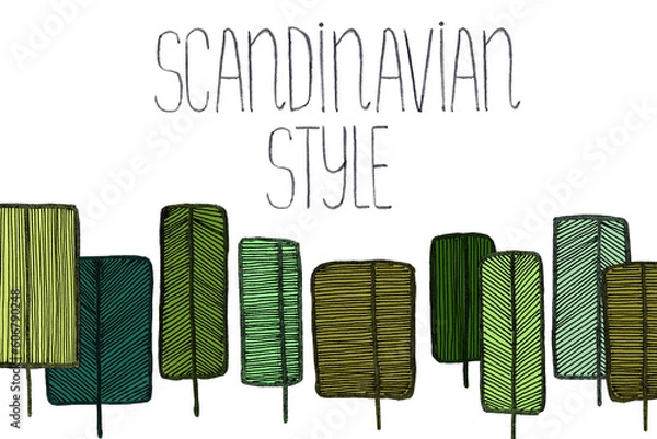 Obraz Hand drawn line art doodle scandinavian mock up with copy space on white background.Stylized different shaped wood trees in green tones simple minimalistic summer border banner.