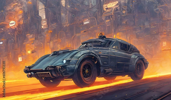 Fototapeta Retro car fantastic design in steampunk style, high speed with fire under wheels. Generative Ai.