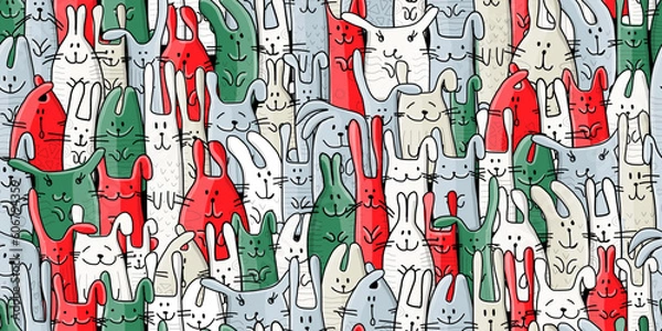 Fototapeta Funny Bunnies family. Seamless pattern background with Rabbits. Symbol of 2023 chineese new year. Cute characters, childish style. Italy flag colors. Vector illustration