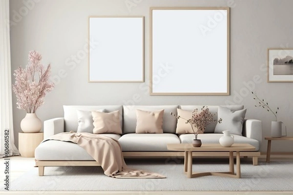 Obraz Modern scandinavian living room interior. Wooden picture frame, poster mockup. Sofa with throw blanket and pillows. Cherry plum blossoms in vase. Elegant stylish minimal home decor. Generative AI