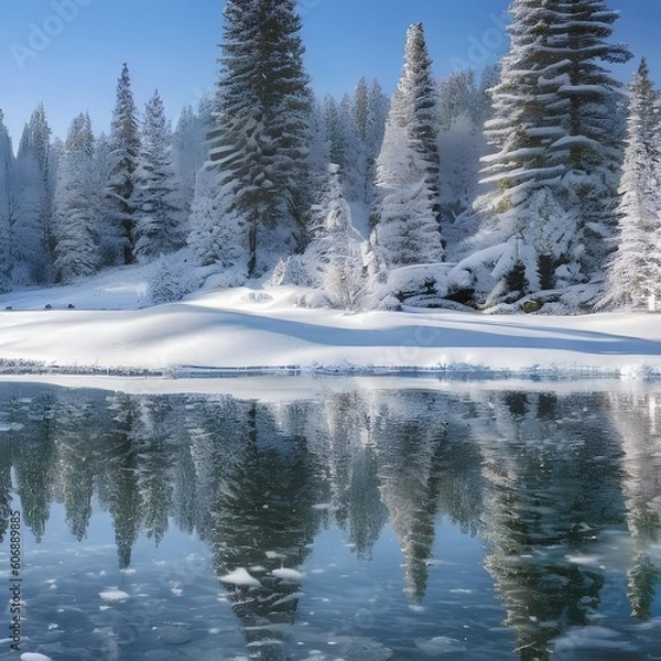 Fototapeta 1340 Winter Wonderland: A serene and wintry background featuring a snowy landscape with snow-covered trees, sparkling snowflakes, and a tranquil and peaceful winter atmosphere4, Generative AI