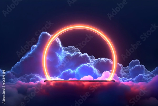 Fototapeta Abstract minimal concept. Dark illuminated stormy clouds background with neon glowing frame ring. Mock up template for product presentation with copy text space.	