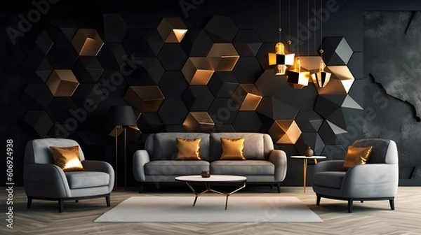 Fototapeta Interior with a beautiful black wall with 3D abstract pattern of polygons and furniture with golden fittings, generative AI