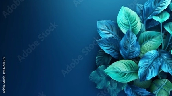 Fototapeta Collection of tropical leaves,foliage plant in blue color with space establishment. Creative resource, AI Generated